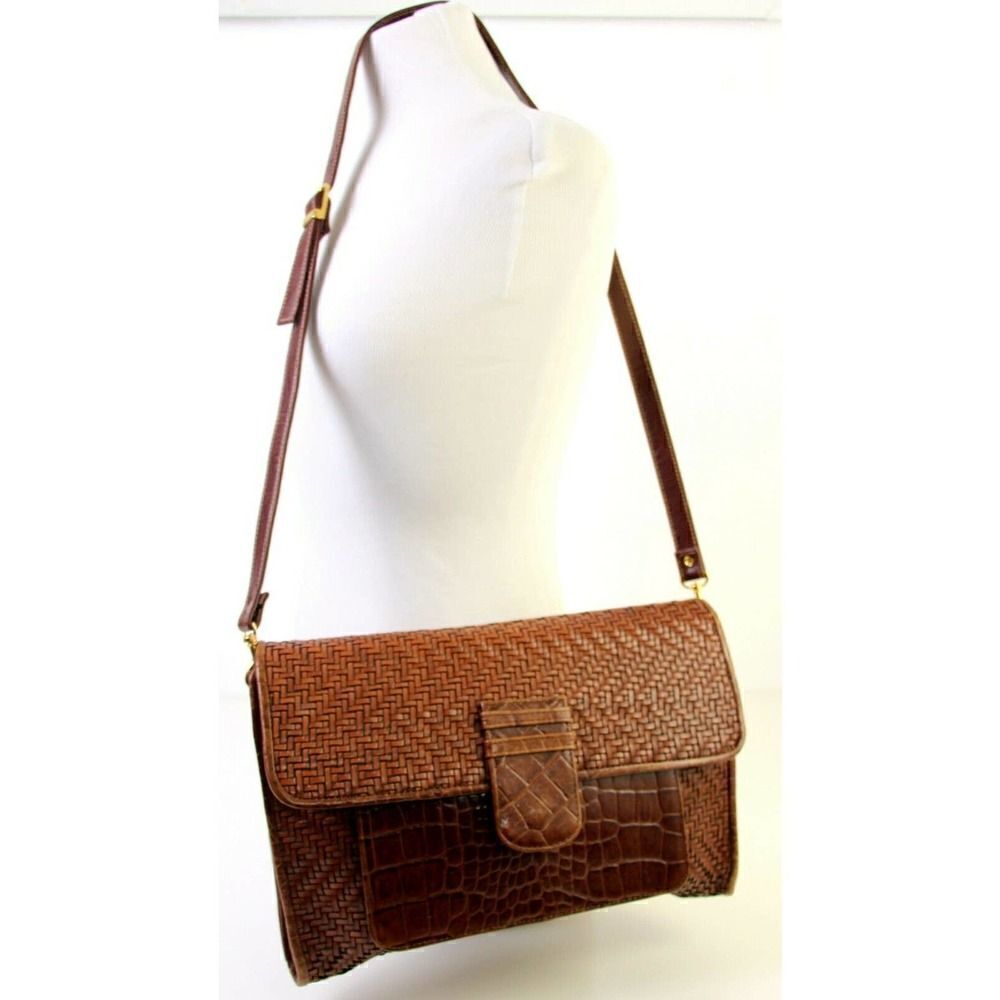 BRIO! BROWN CROCO BRAIDED GENUINE LEATHER ENVELOPE CLUTCH SHOULDER BAG HANDBAG - Picture 2 of 12